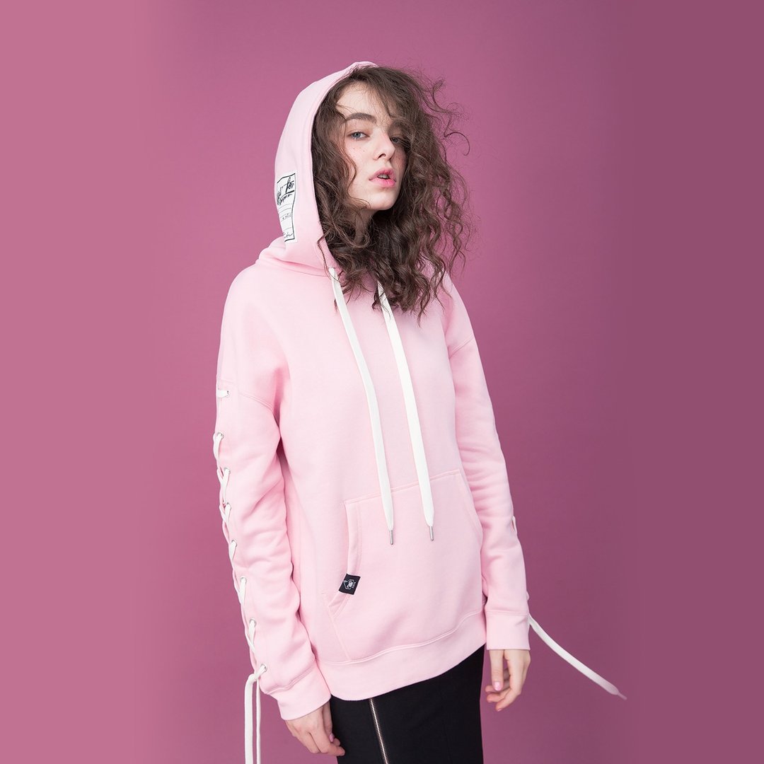 中性款 袖绑带厚磅刷毛连帽TEE / 粉红 - 女装上衣 - 棉 粉红色