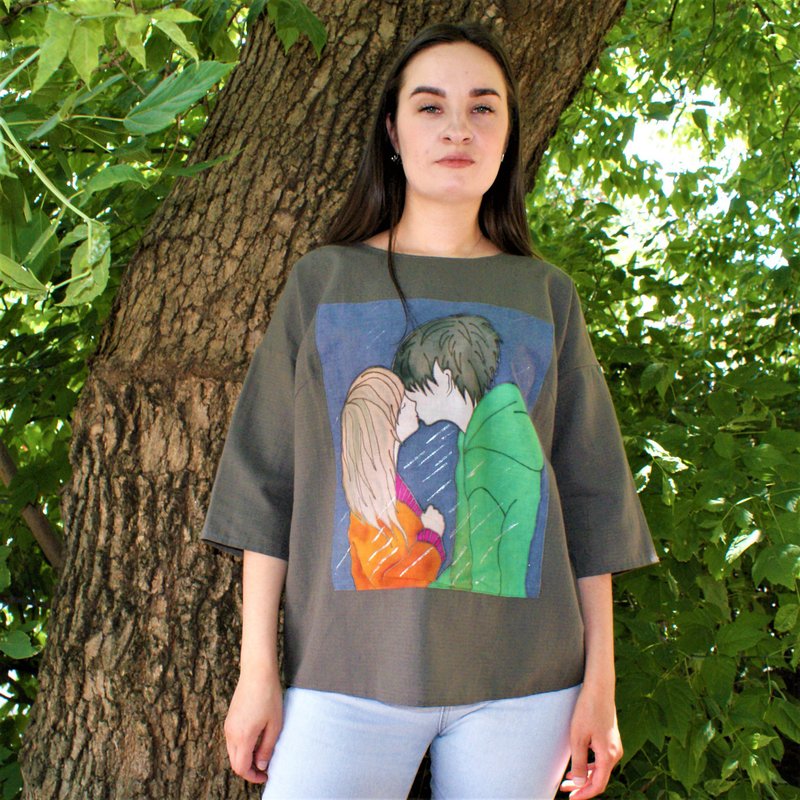 Hand-painted tunic art clothing anime women's sleeved t-shirts handmade blouse - 女装衬衫 - 亚麻 灰色