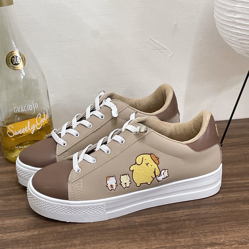 Pompompurin 布丁狗 与仓鼠们跳色免绑带厚底休闲鞋不弯腰鞋-奶茶 - 女款休闲鞋 - 人造皮革 咖啡色
