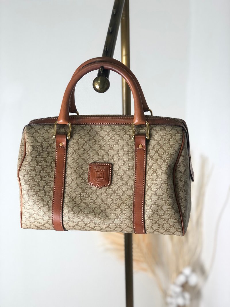 【日本直送，二手包带名牌】CELINE Macadam Brason 压花牛皮波士顿包 Keepall 手提包 米色 wz4rjk - 手提包/手提袋 - 真皮 咖啡色