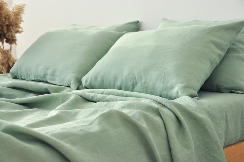 Sage green linen sheet set / Flat+fitted sheet+2 pillowcases/Green bedding - 寝具 - 亚麻 绿色