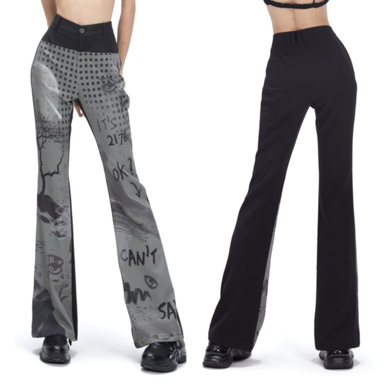 【辣妹拼接印花】高腰微喇彈力褲 - 女装长裤 - 聚酯纤维 灰色