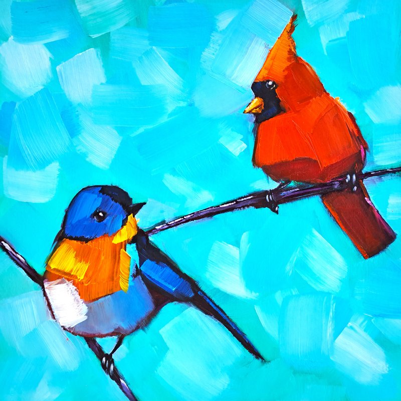 罗宾画红红衣主教原创艺术情侣鸟油画雀墙艺术 - 海报/装饰画/版画 - 其他材质 多色