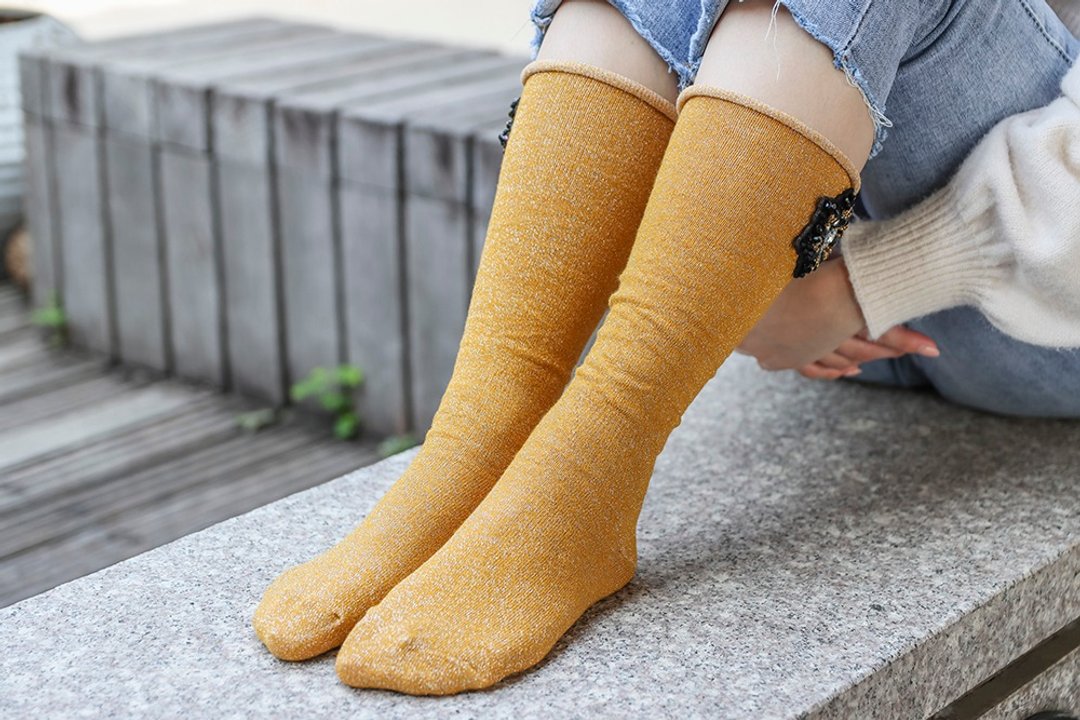 unni花语推推袜 袜子 保暖 socks 中筒袜 女袜 手工缝 刷毛 棉袜 - 袜子 - 棉．麻 黄色