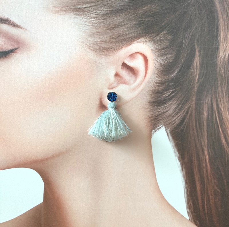 蜜粉感 粉蓝/蜜桃 毛线流苏耳环 轻柔闪耀2 way 纯银耳针 耳夹OK - 耳环/耳夹 - 羊毛 粉红色