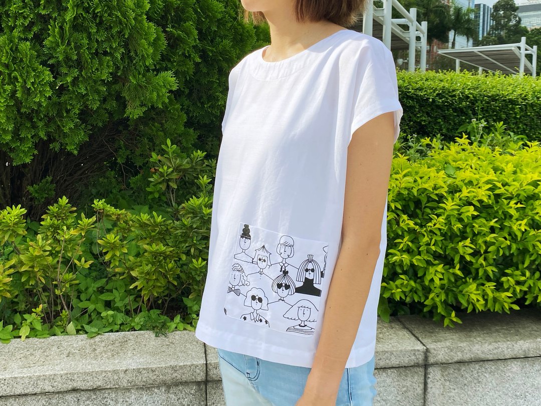 黑白印花口袋上衣 - 女装上衣 - 棉 白色