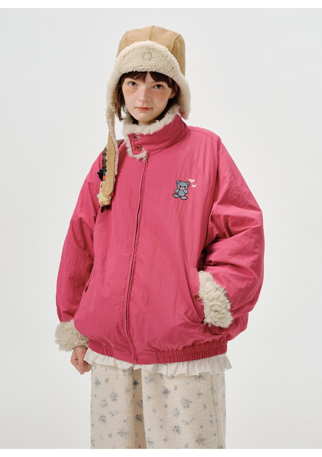 odd maker小熊绣花翻毛领羽绒服女百搭微皱肌理感设计保暖短外套 - 女装上衣 - 其他人造纤维 