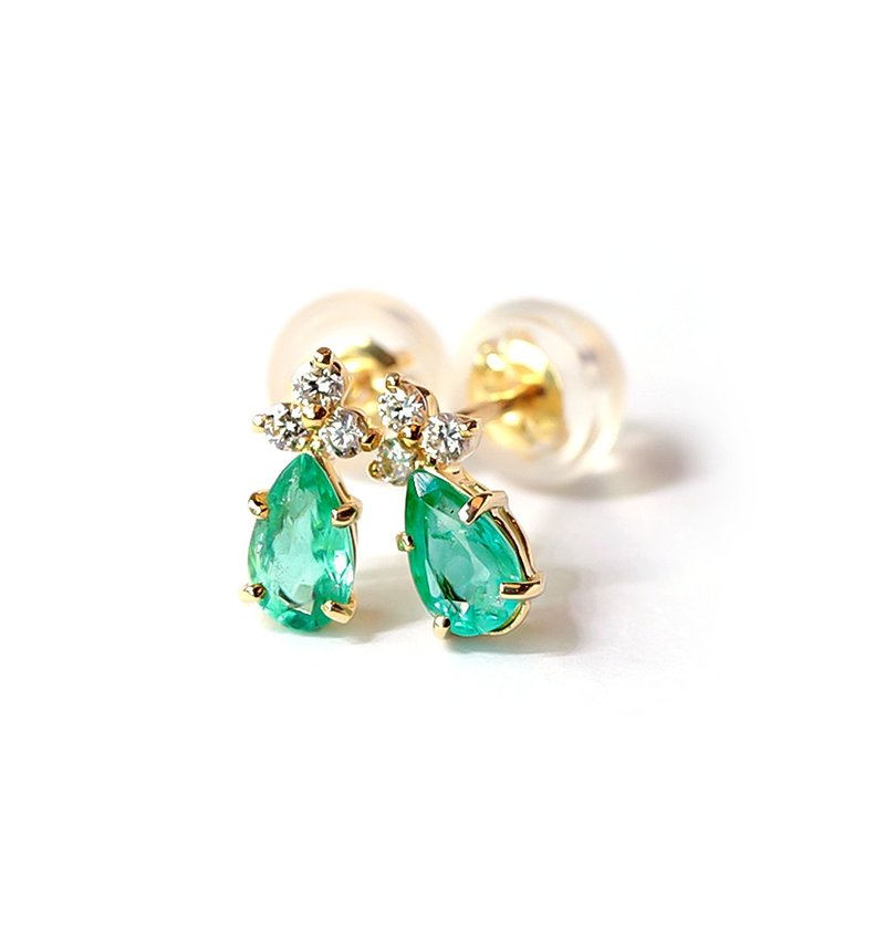 K18祖母绿&钻石针式耳环 ~Ello Lilas~ 5月诞生石 - 耳环/耳夹 - 宝石 绿色