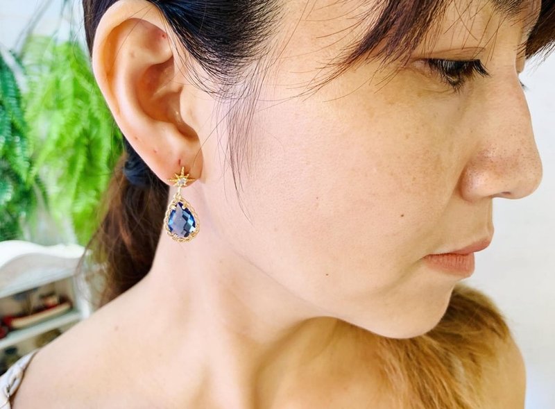 闪耀之星黄铜耳针+透明水滴造型锆石黄铜耳环_可免费修改夹式耳环 - 耳环/耳夹 - 水晶 多色