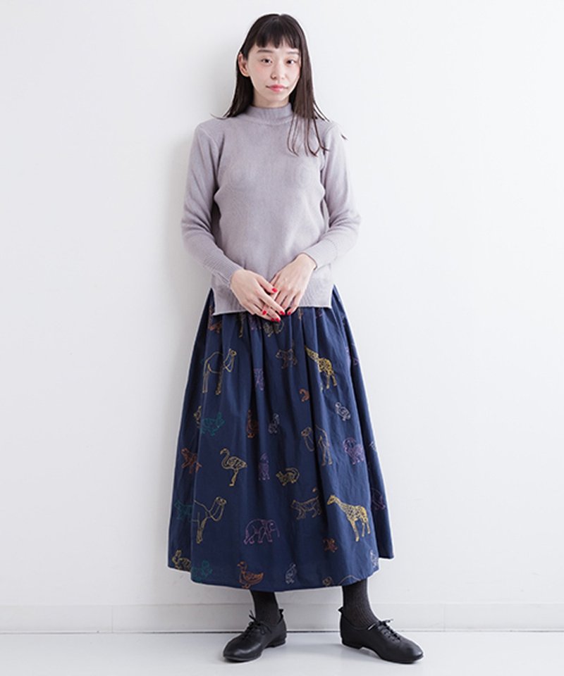 草原动物刺绣长裙 - 裙子 - 棉．麻 卡其色