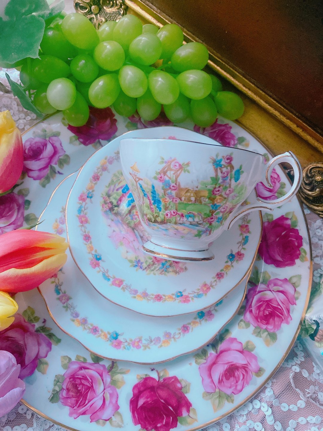 英国制1930年手绘乡村风古董花茶杯三件组马年情人节居家装饰生日 - 茶具/茶杯 - 瓷 多色