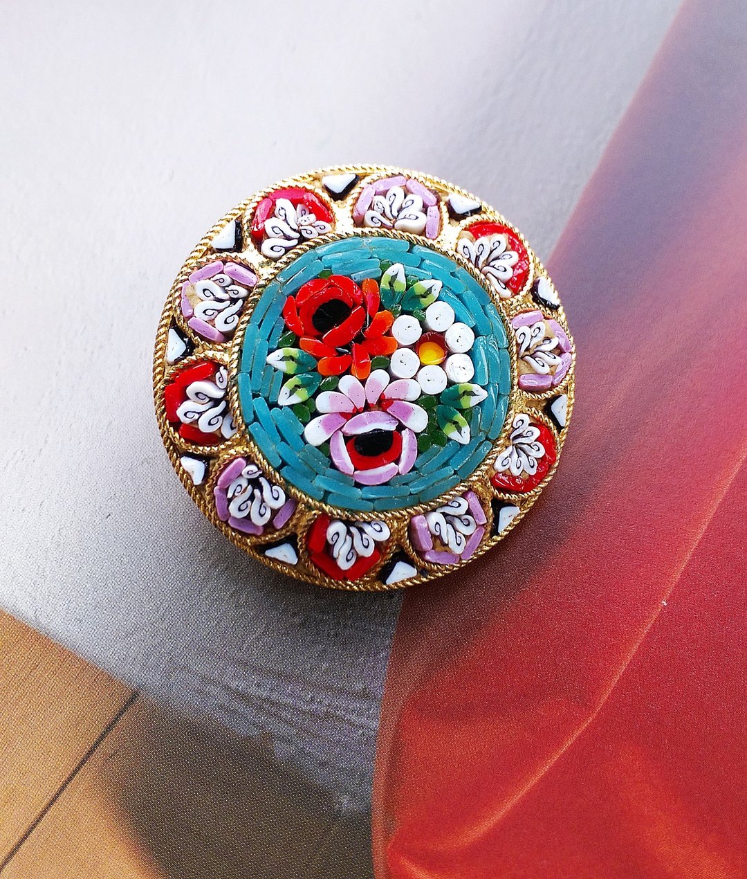 Vintage Jewelry 西洋古董饰品 ITALY 微型马赛克 粉嫩 玫瑰 别针 - 徽章/别针 - 其他金属 金色