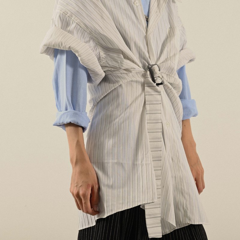 【NaSuBi Vintage】Upcycling扣带宽袖古着衬衫 - 女装衬衫 - 其他人造纤维 