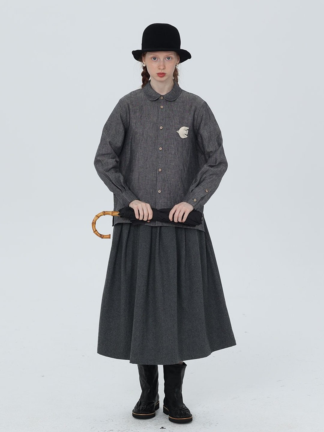 百搭色织亚麻牛仔色小圆领衬衫 - 女装衬衫 - 棉．麻 灰色