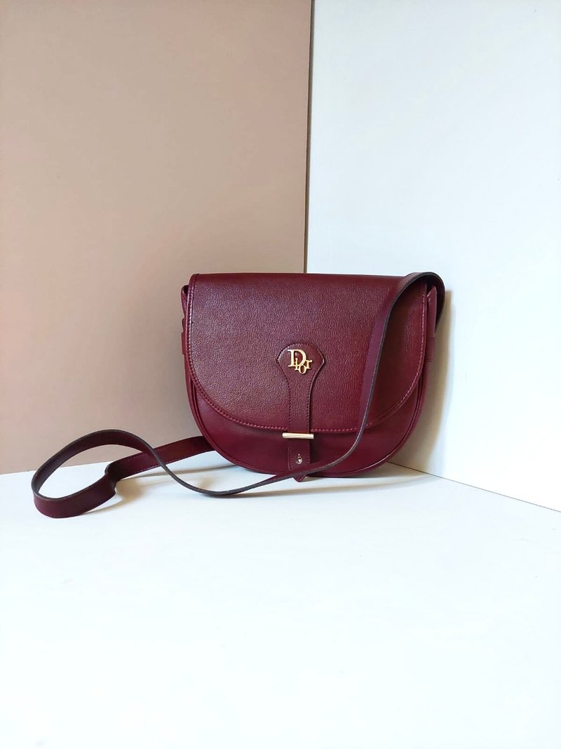 【LA LUNE】稀有中古二手Dior酒红金色马鞍小包单肩侧背斜孭手袋 - 侧背包/斜挎包 - 真皮 红色