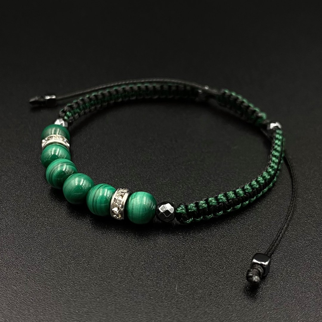Malachite Lucky Stone Macrame Bracelet (6 pcs)(Dark Green-Black Stylish) - 手链/手环 - 其他材质 绿色