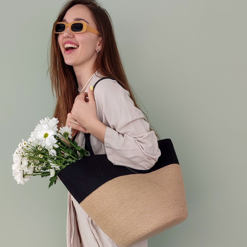 Large handmade jute and cotton bag - 手提包/手提袋 - 棉．麻 黑色