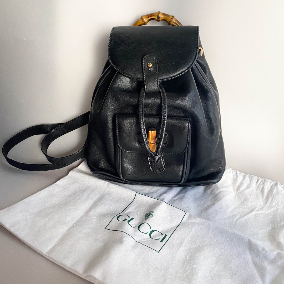 中古Gucci│黑色背包│古着背囊│真皮│美国制│古董│女友礼物 - 后背包/双肩包 - 真皮 黑色