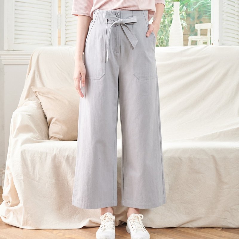 Hana Mokuba 荷叶边松紧腰大口袋绑带宽裤 - 女装长裤 - 其他材质 