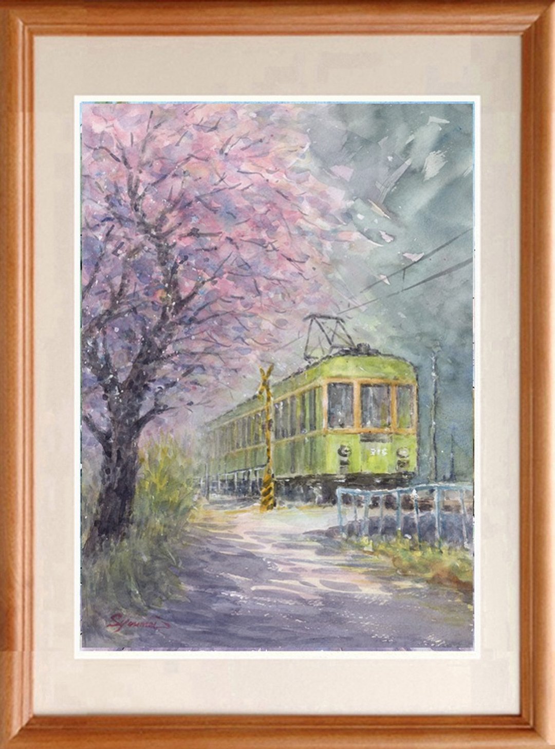 水彩画原画 樱花与江之电・极乐寺附近 - 海报/装饰画/版画 - 纸 粉红色
