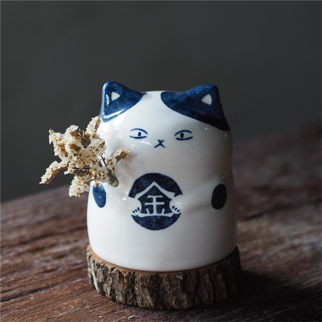 【好运猫系列】金来猫 祝福花器 / 招财祈福 / 可插干燥花 - 花瓶/陶器 - 瓷 蓝色