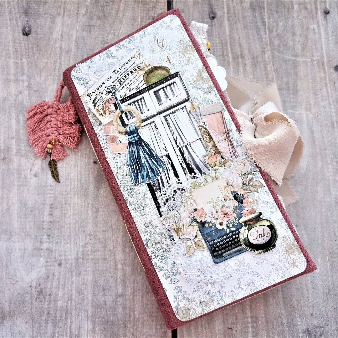 Junk journal 手工玫瑰 浪漫笔记本 日记 蕾丝 古董书 已完成 - 笔记本/手帐 - 纸 粉红色