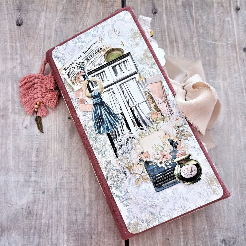 Junk journal handmade roses Romantic notebook diary Lace vintage book completed - 笔记本/手帐 - 纸 粉红色