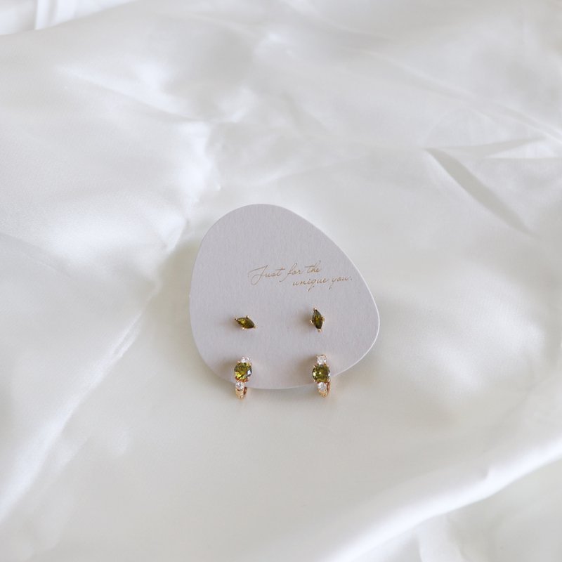 橄榄绿锆石四件组耳环 - 耳环/耳夹 - 宝石 绿色