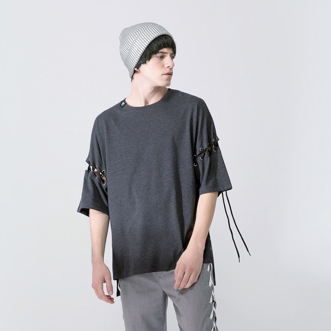 【中性款】 宽松落肩 可拆袖绑绳 短袖t-shirt / 黑麻灰 - 男装上衣/T 恤 - 棉 灰色