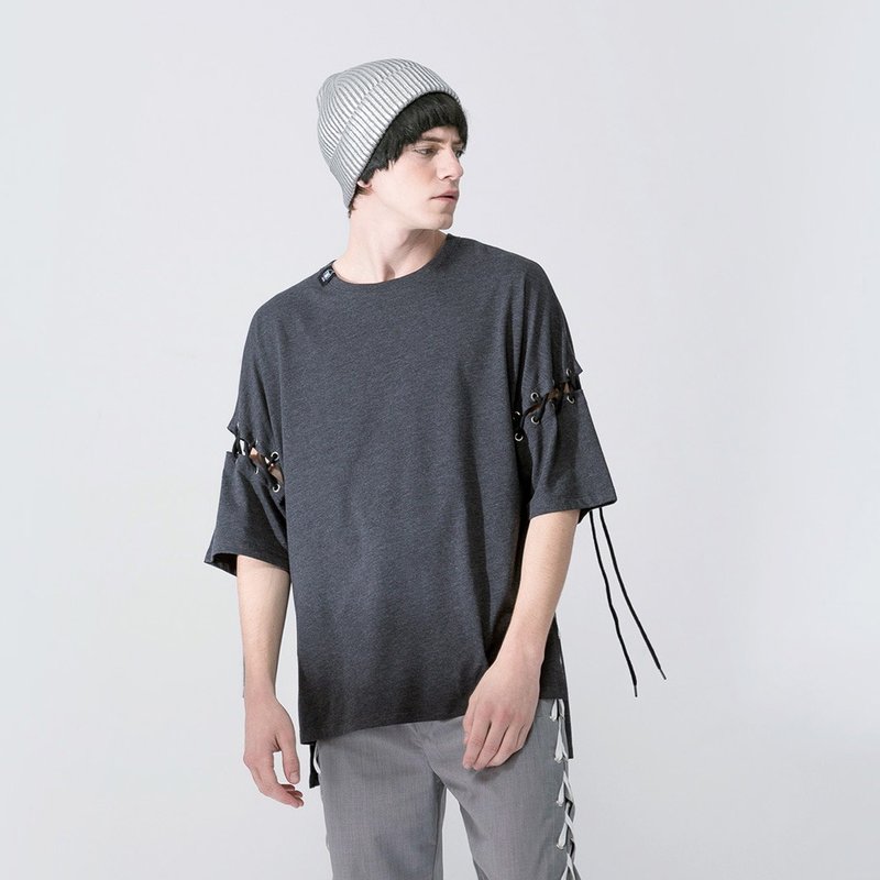【中性款】 宽松落肩 可拆袖绑绳 短袖t-shirt / 黑麻灰 - 男装上衣/T 恤 - 棉．麻 灰色