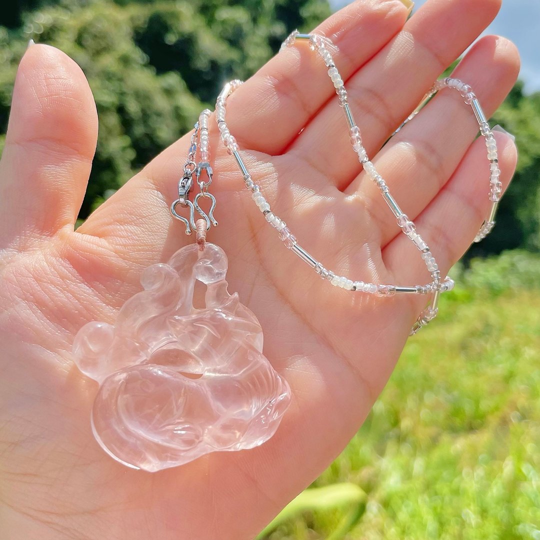 粉水晶侧脸微笑狐仙 x 日本珠设计款项链 - 项链 - 半宝石 