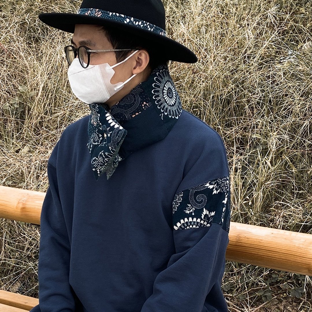 Major Folk│日本蓝染古布拼布不对称袖子重磅长袖卫衣 - 男装上衣/T 恤 - 棉 