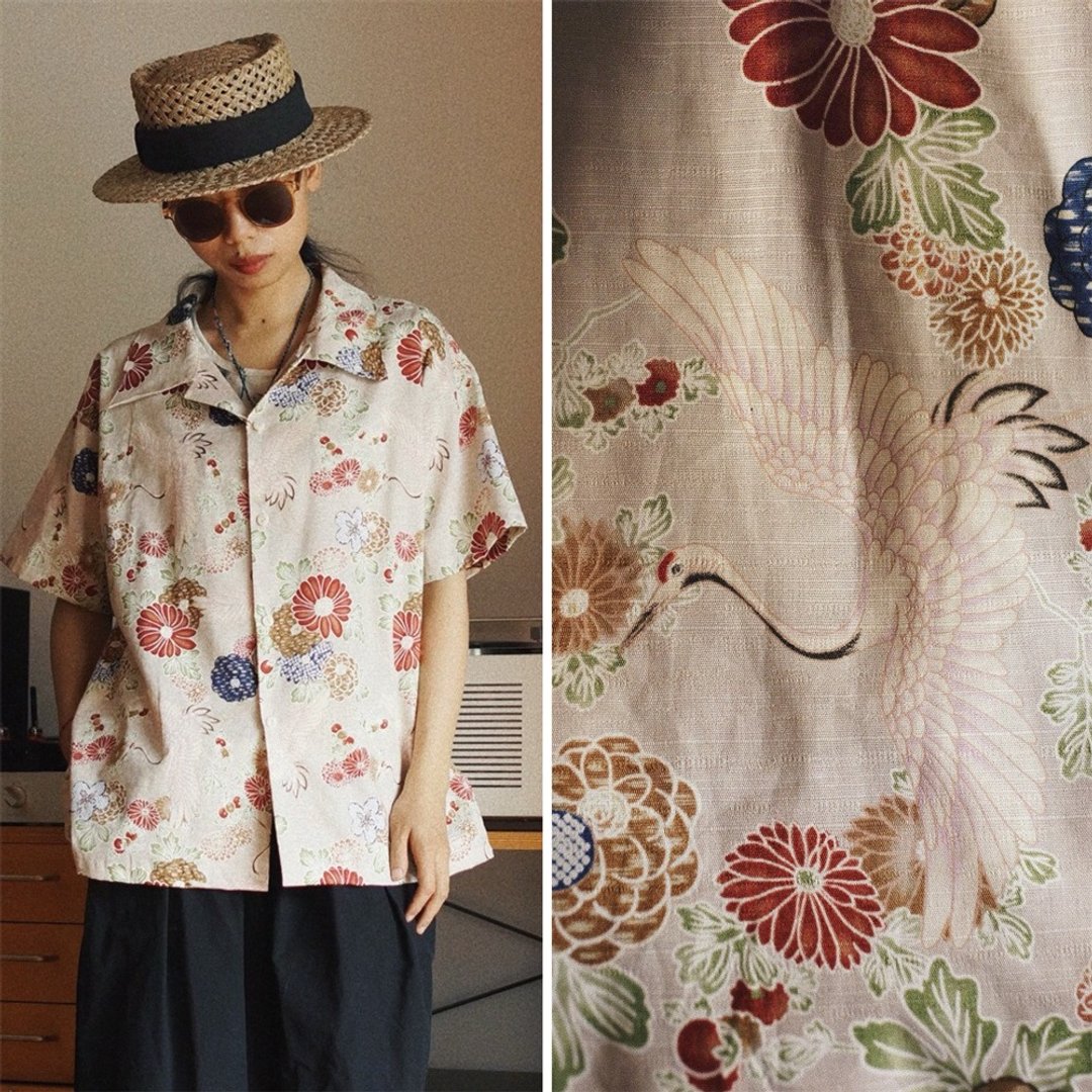 花朵仙鶴棉麻 夏季翻領短袖襯衣 彩色復古 中性古巴領 - 女装衬衫 - 棉．麻 卡其色