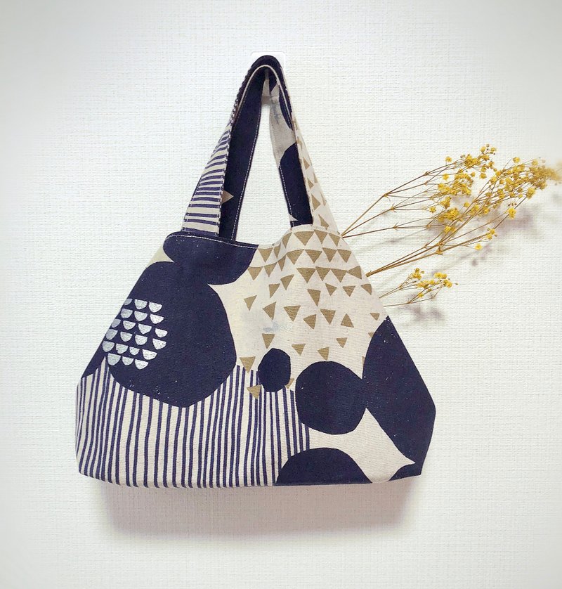 秋季和风两用托特包/深蓝大圆 - 手提包/手提袋 - 棉．麻 黑色