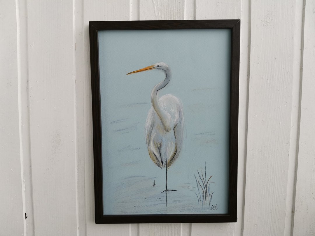 Watercolor pastel original painting bird heron wall decor 22x30 cm - 墙贴/壁贴 - 纸 多色