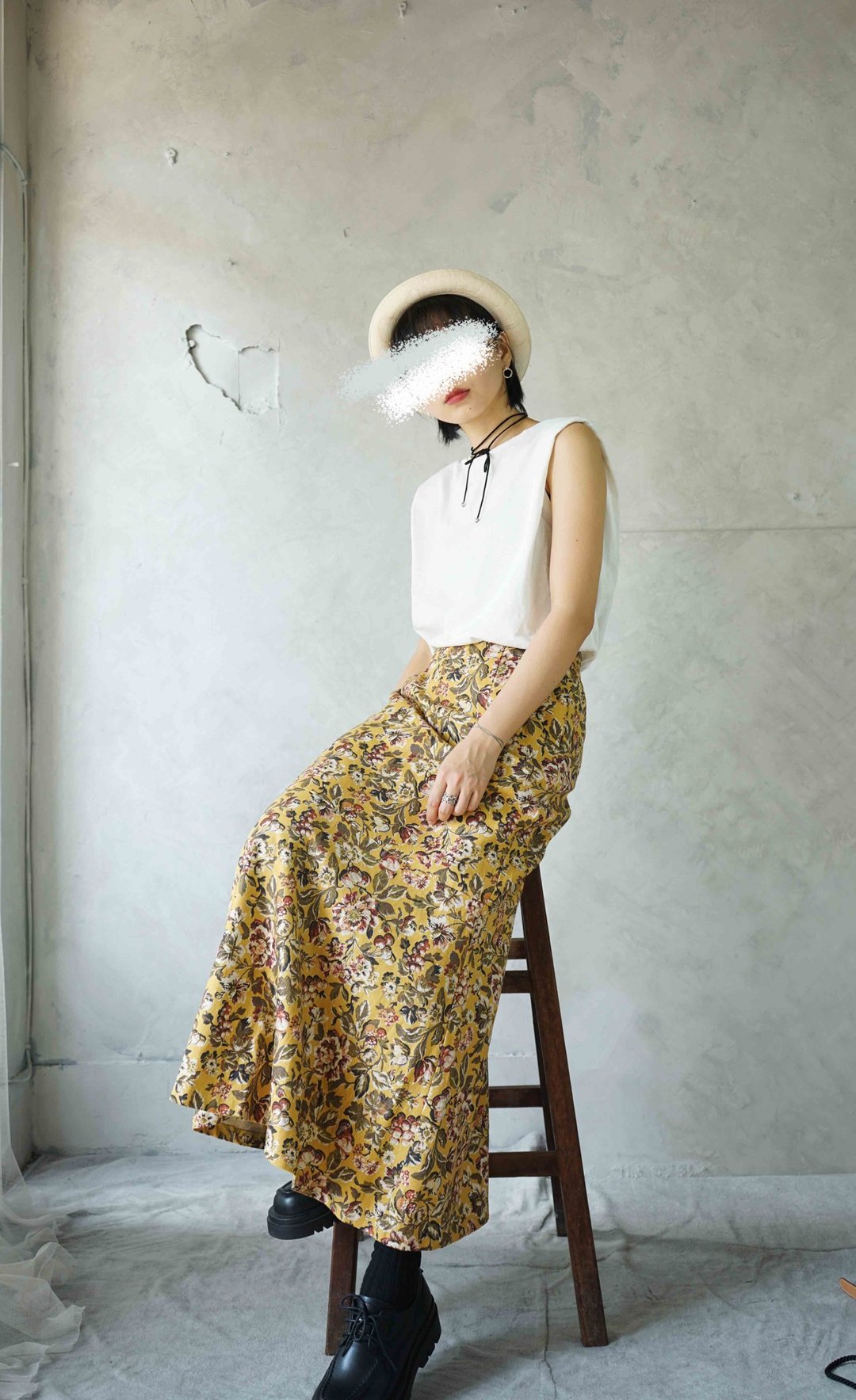 寻宝古着-古典花卉印花黄色系棉麻复古鱼尾长裙 - 裙子 - 棉 黄色