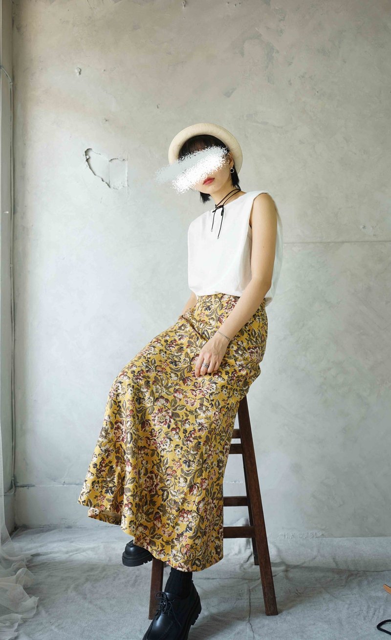 寻宝古着-古典花卉印花黄色系棉麻复古鱼尾长裙 - 裙子 - 棉．麻 黄色