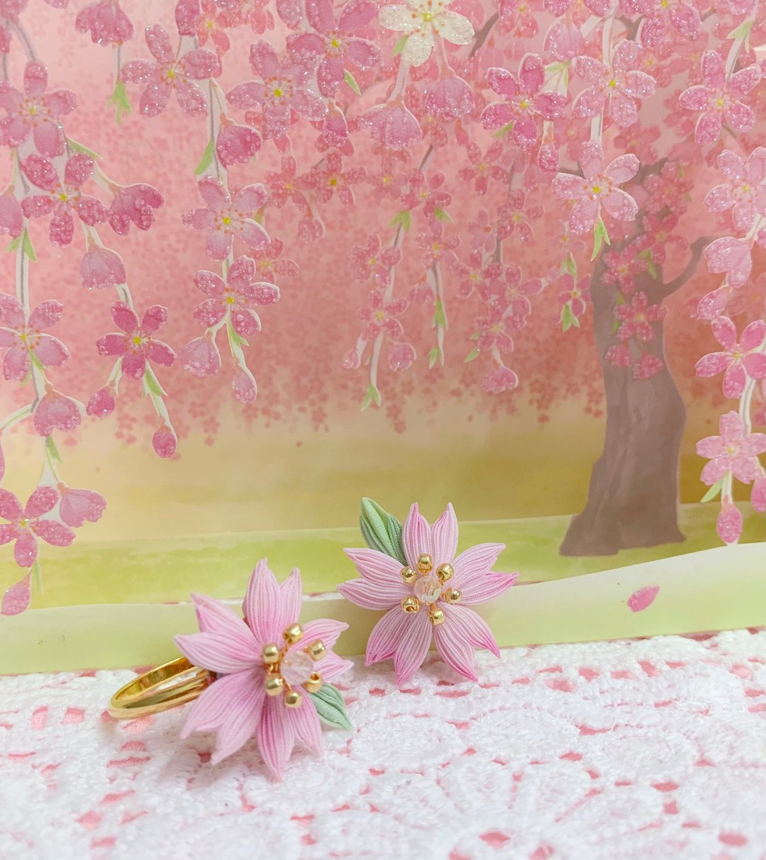 (樱さくら 2021) 细工布花 可调节戒指 つまみ细工 - 戒指 - 棉．麻 粉红色