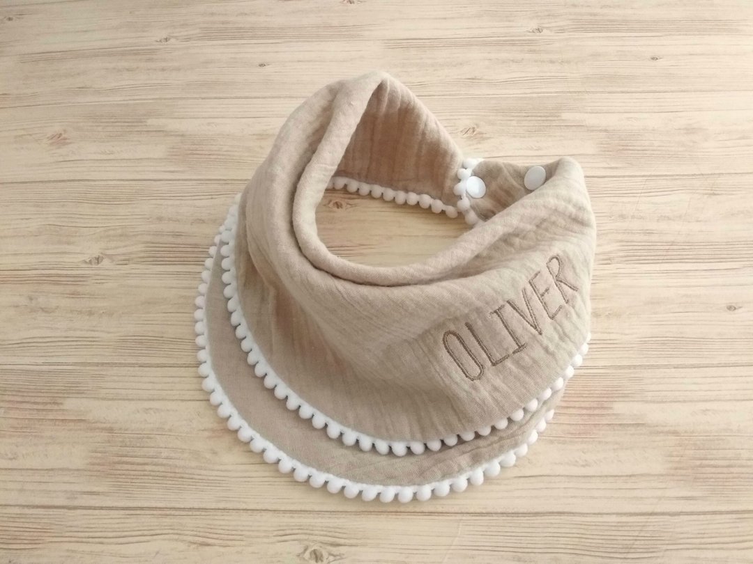 Baby Bib, Pom Pom Bib, Personalized, Baby Name, Embroidered, Double Gauze, Beige - 围嘴/口水巾 - 棉．麻 咖啡色