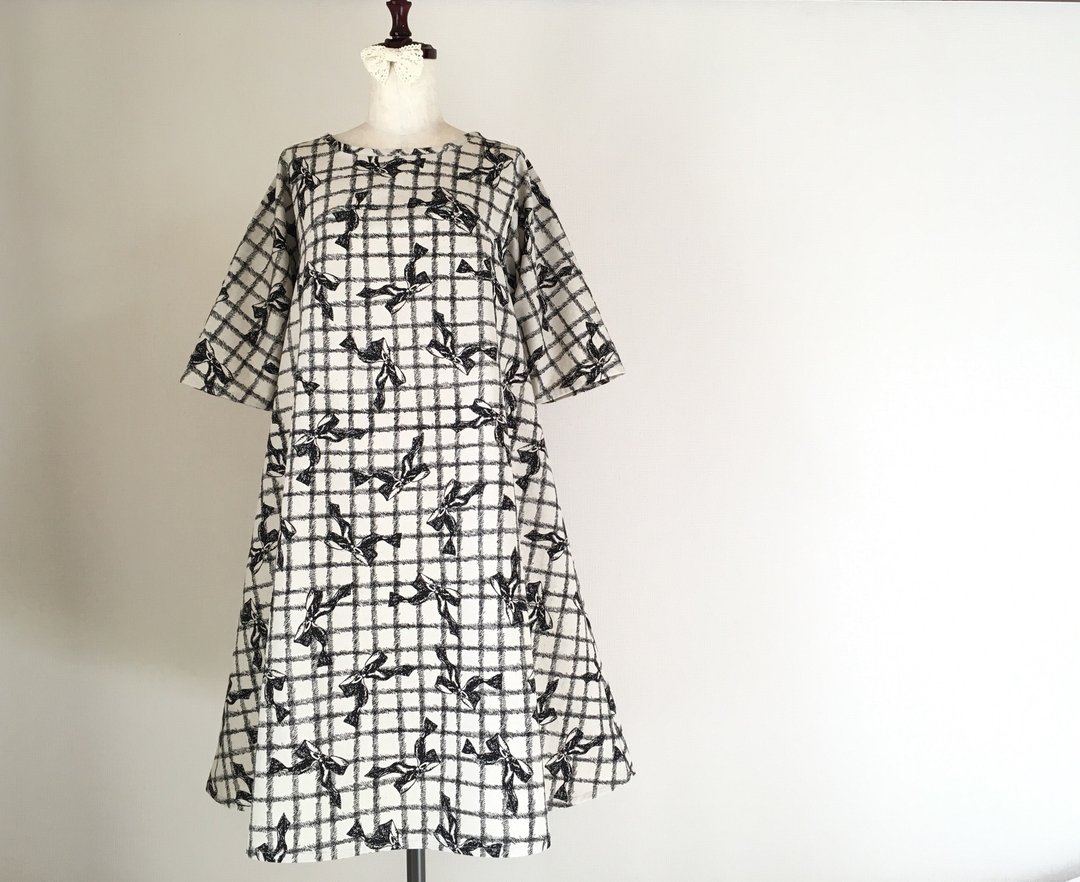 Antique style ribbon flared dress dress five-quarter sleeve black - 洋装/连衣裙 - 棉 黑色