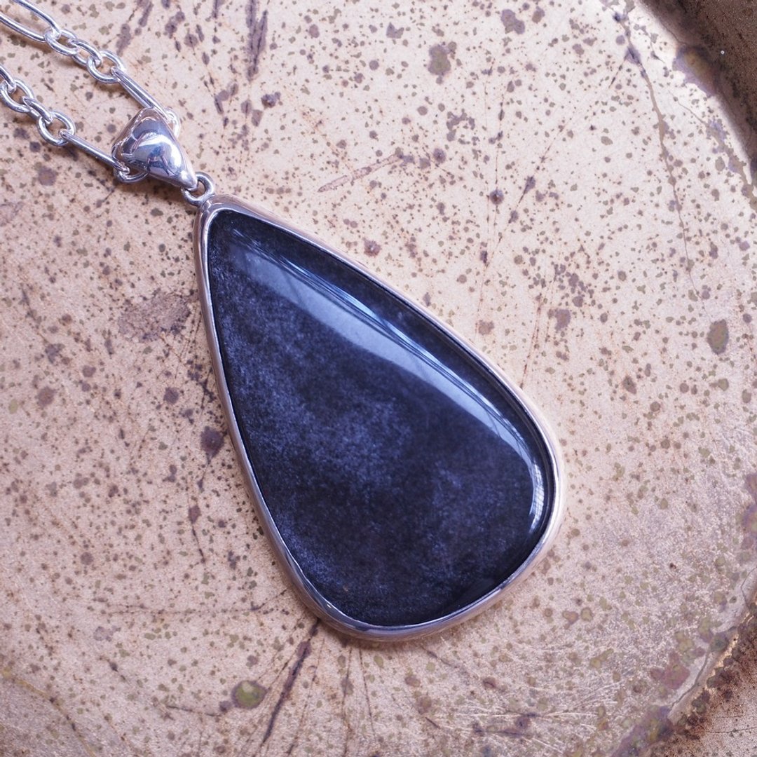 大颗银曜石 手工纯银 项链 辟邪宝石 Silver Sheen Obsidian - 项链 - 半宝石 银色
