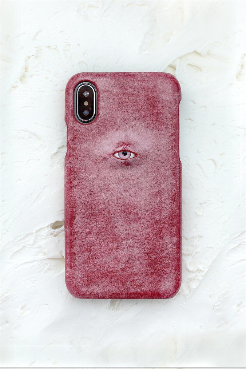 煙霧紅 眼珠題材 手工真皮iPhone手機殼 保護套 意大利植鞣牛皮 - 手机壳/手机套 - 真皮 红色