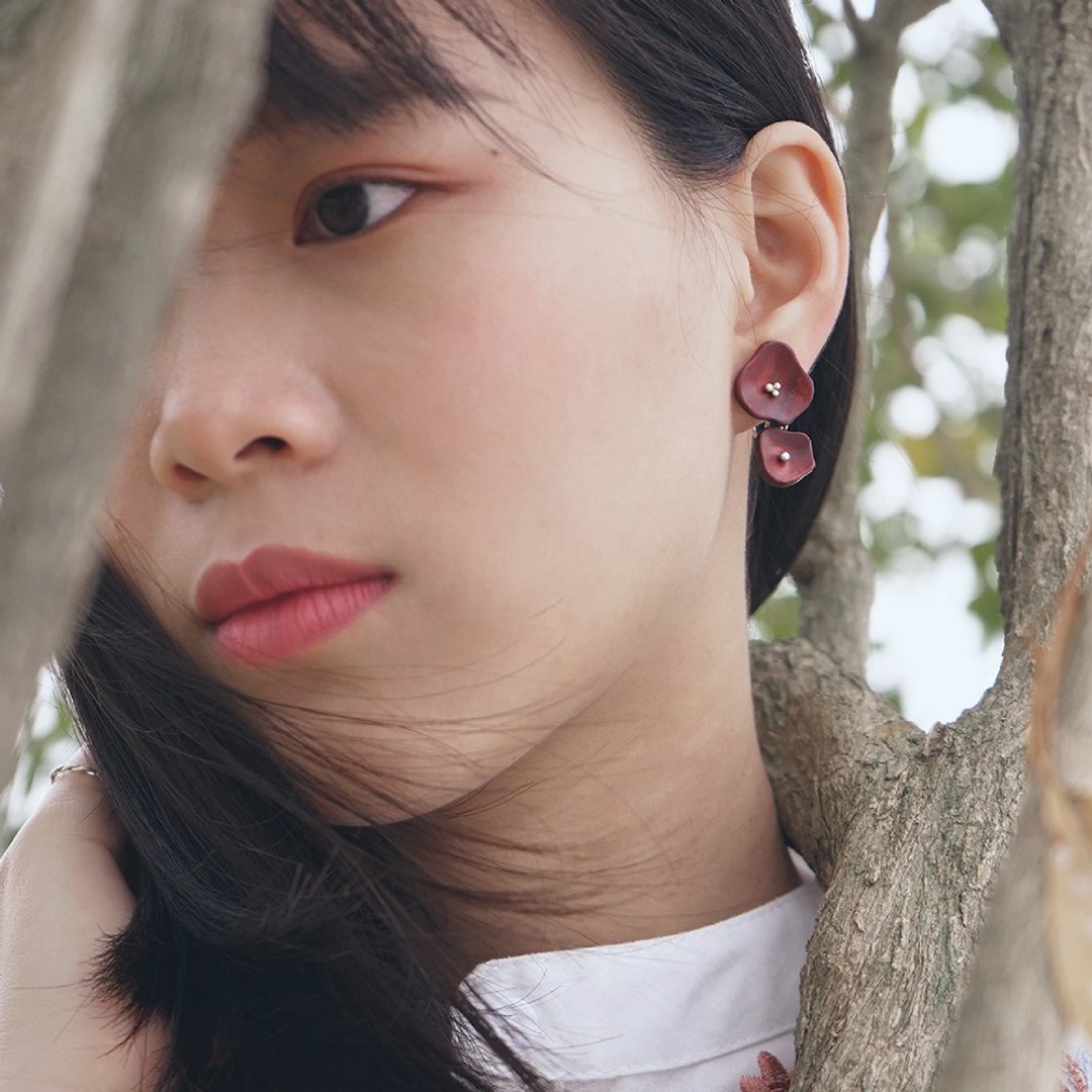 绽放系列 | 燕脂 | 纯银木质复古耳环 - 耳环/耳夹 - 木头 红色
