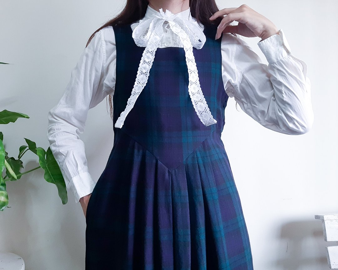 LAURA ASHLEY 复古格子背心裙 羊毛棉 英国制造 M 码 - 背带裤/连体裤 - 羊毛 蓝色