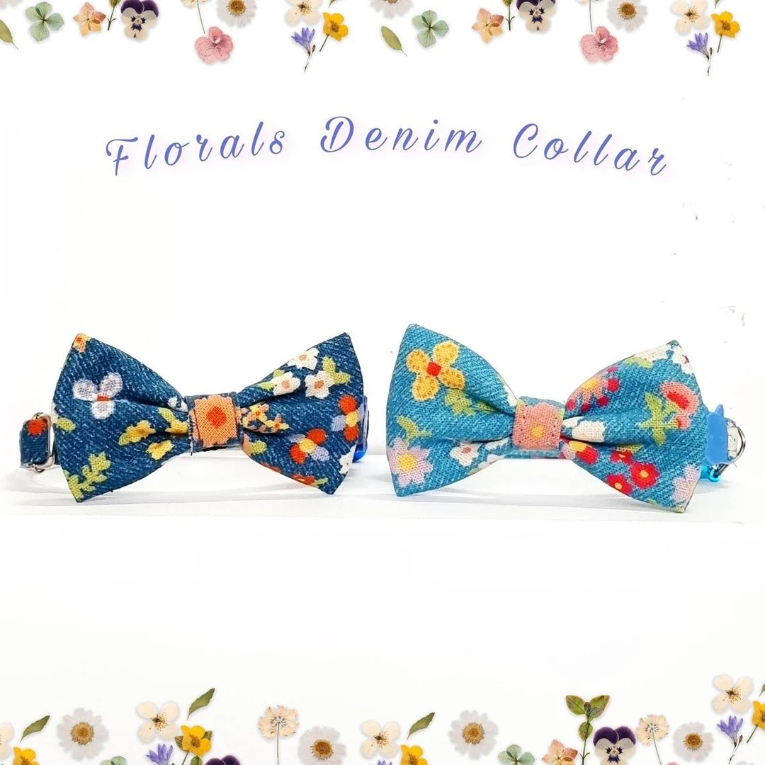 Flowers Denim fabric Cat bow tie Collar with Breakaway Safety Buckle - 项圈/牵绳 - 棉 蓝色