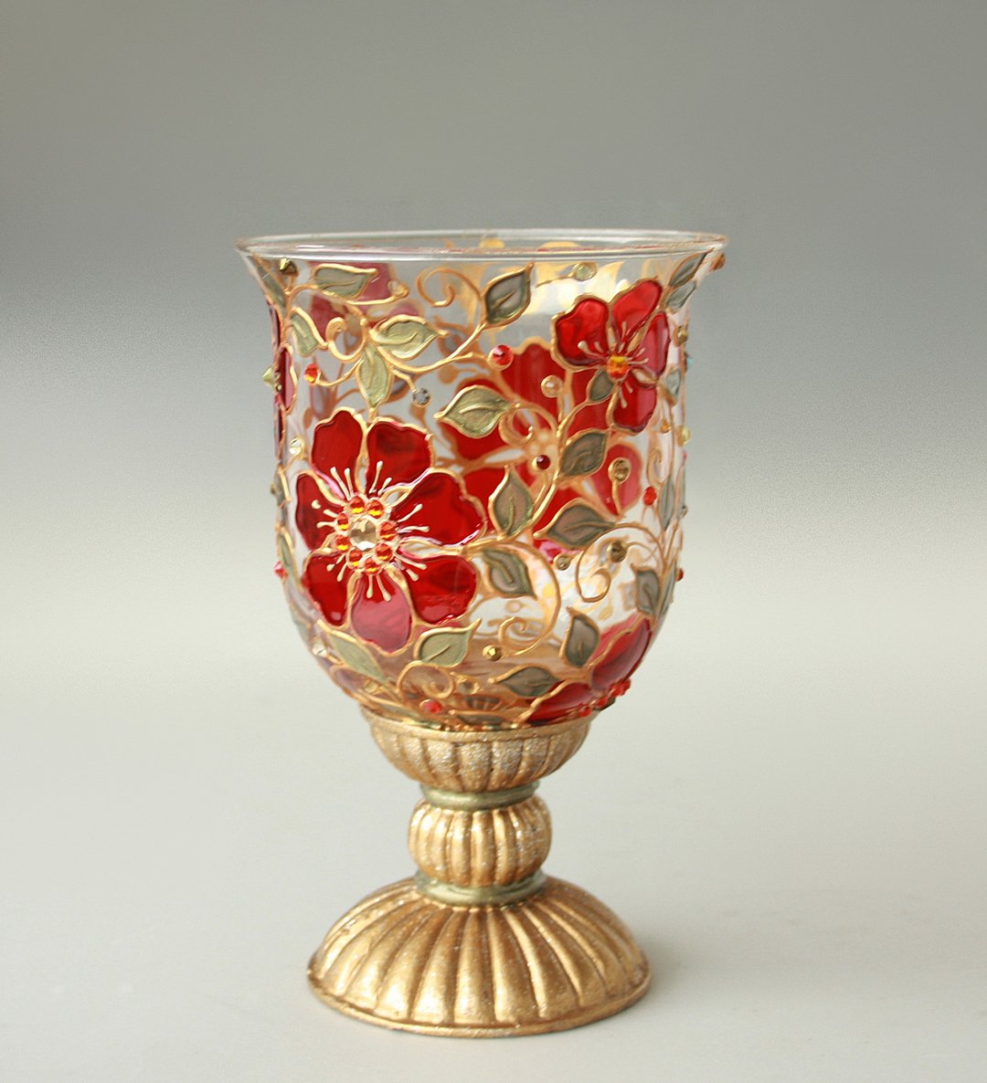 Candle Holder Gold Red Flower Swarovski Vase Goblet Centerpiece Hand Painted - 摆饰 - 玻璃 红色