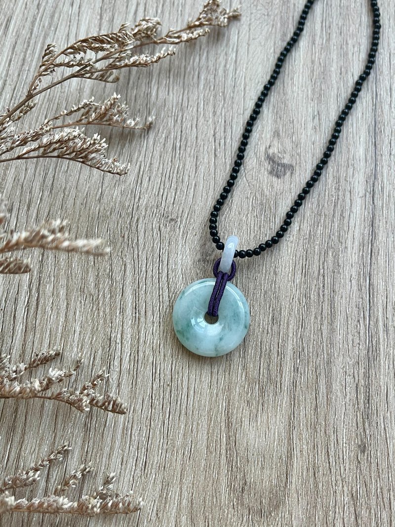 缅甸玉A货翡翠-冰飘花平安扣翡翠天然黑玛瑙项链/坠子 吊坠 送礼 - 项链 - 玉石 蓝色