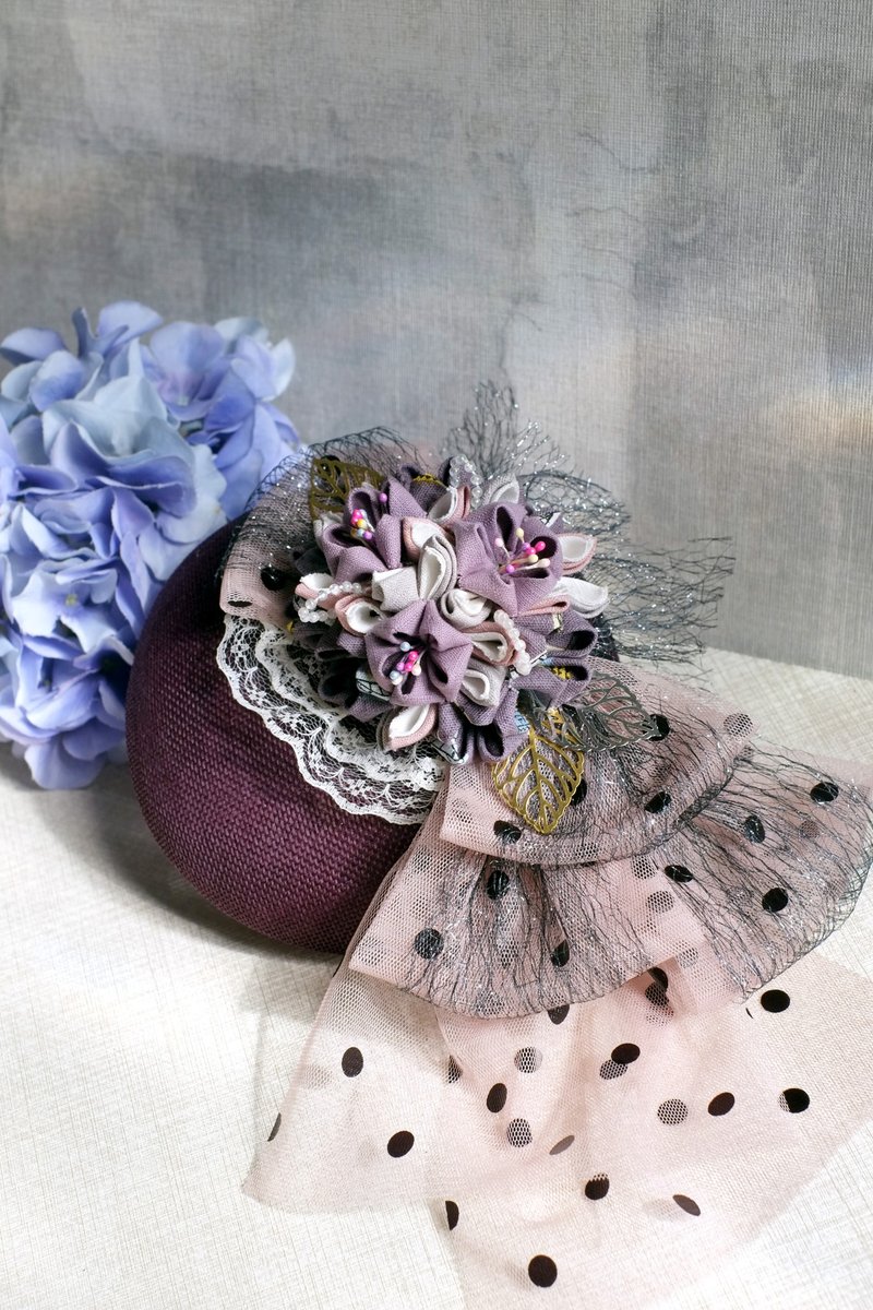 【洋粋スタイル】つまみ细工手作－洋式小圆帽。和风萝莉塔(深紫) - 帽子 - 棉．麻 紫色