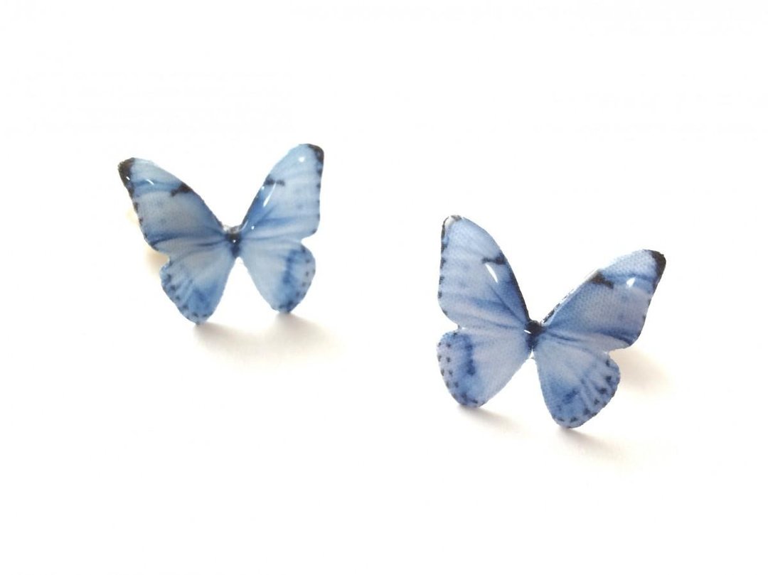 Denim blue feathers - alight on a flower - [N-NV-1] - 耳环/耳夹 - 棉 蓝色