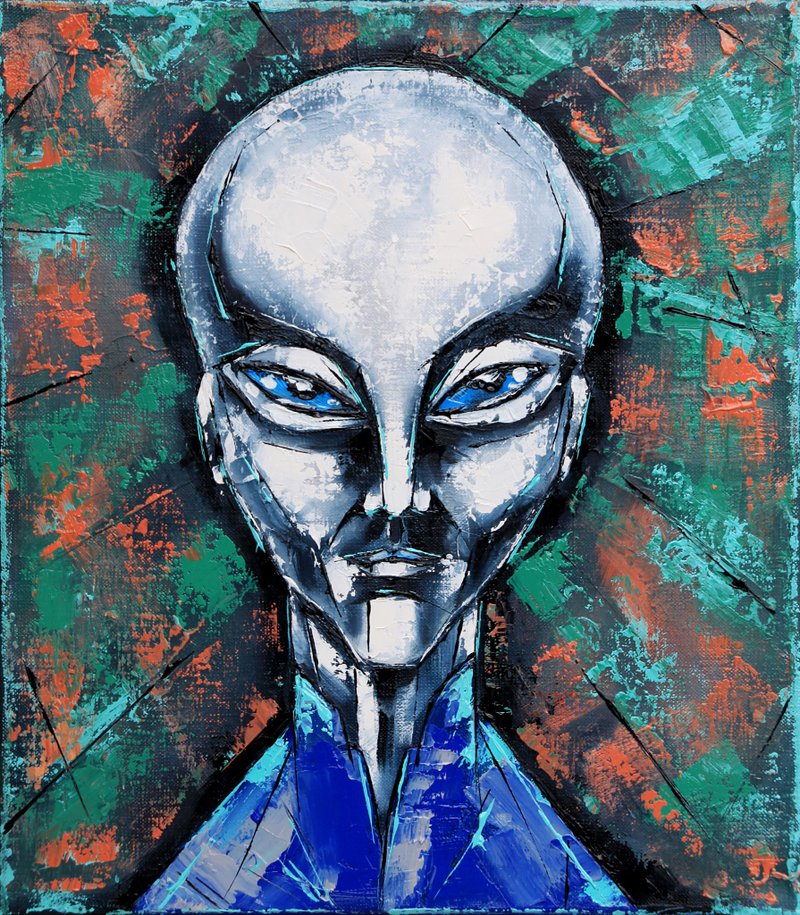Alien Painting Space Original Art UFO Artwork Fantasy Wall Art Oil Canvas - 海报/装饰画/版画 - 其他材质 绿色